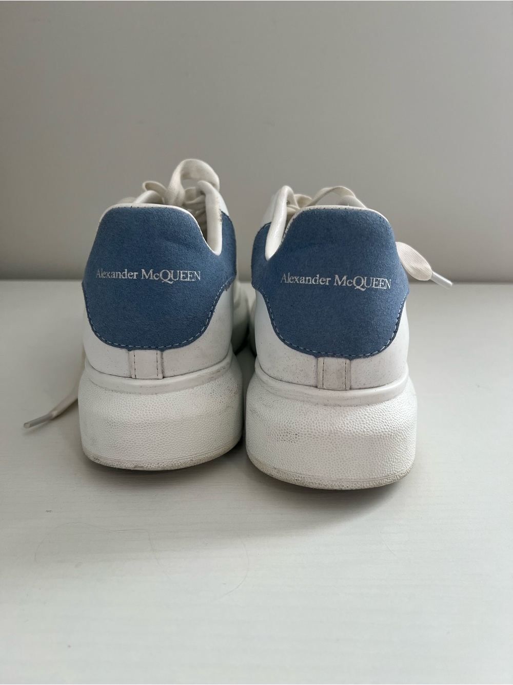 White Leather Sneakers with Blue Heel Detail
